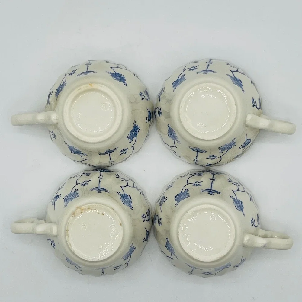 Vintage Blue and White Floral Tea Cups Set of 4 Scalloped Fluted Rim Chipped